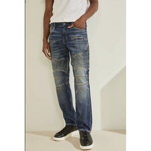$148 Guess Men's Eco Slim Tapered Moto Jeans Pin Tuck Details Size 32